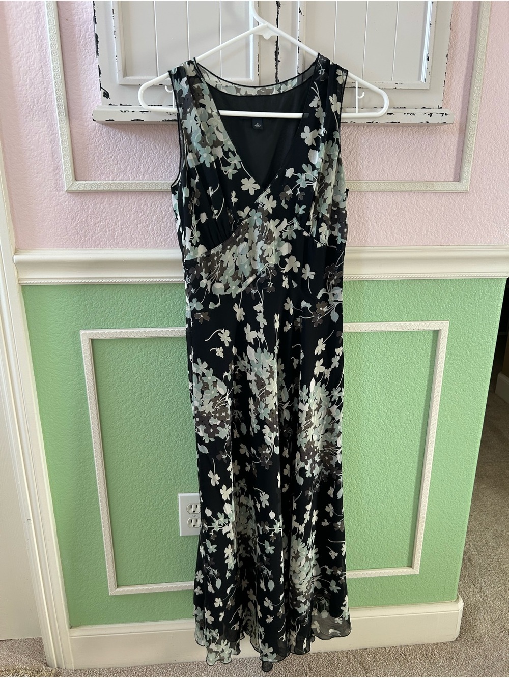Banana Republic Black Maxi Dress with Sage Floral Print